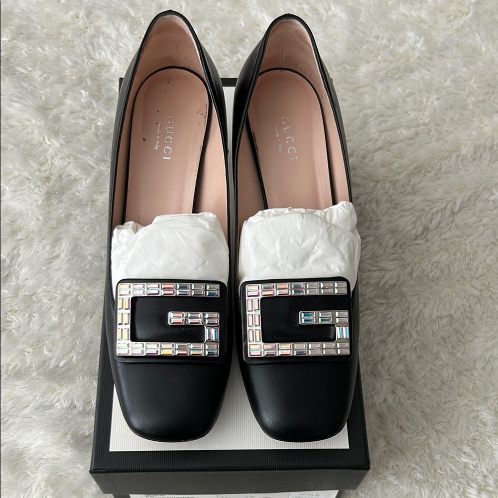 Gucci Black and Silver Loafers with Decorative Buckle and Heel